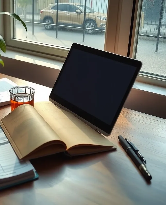 A desk by a sunny window with an open notebook, a glass of chai and a laptop